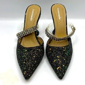 Lemonade high heeled shoes with black glitter pyramid rhinestone heel. Size 11